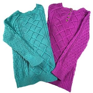 TWO LOFT Women's Argyle / Diamond Cable Knit Sweaters XS Teal & Fuchsia